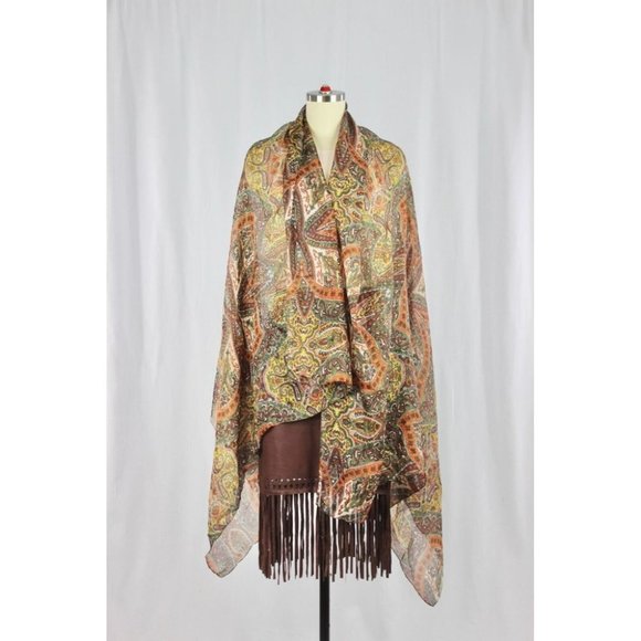 Antibes Blanc Accessories - ANTIBES BLANC Brown Floral Paisley Silk Chiffon Large Shawl Scarf
